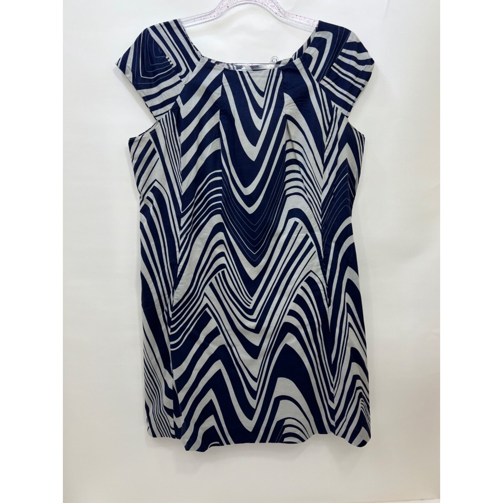 Calvin Klein Dress Navy White Cotton Pattern Cap Sleeves Womens Size Medium